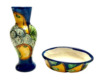 Mexican Talavera Pottery Bowl / Ring Dish And Vase Signed