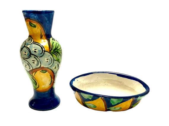 Mexican Talavera Pottery Bowl / Ring Dish And Vas… - image 1