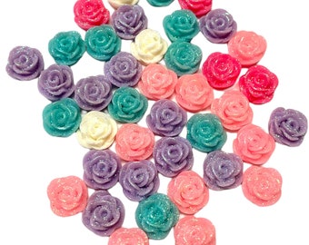 10 MM Flower Flatback Cabochons Glitter Mixed Color Roses AF17