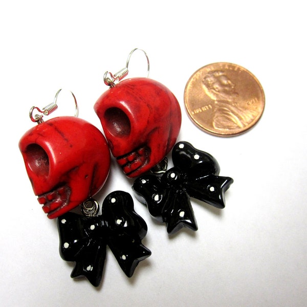 Skull Earrings Day Of The Dead Jewelry Sugar Skull Red Black Bow Dangles