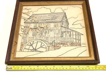 Vintage Framed Needlepoint New England Water Mill Embroidery Counted Cross Stitch Signed Dated