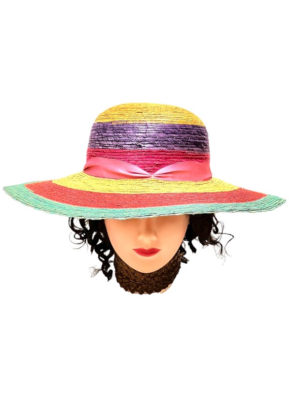 Striped Straw Hat Cloche Millinery Womens Multi C… - image 2