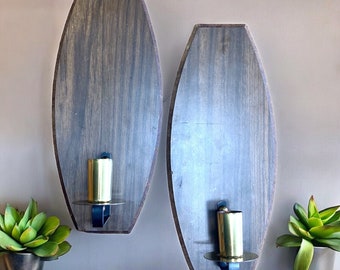 Vintage Wood Wall Sconces Set of 2 Taper Candle Holders MCM Midcentury Decor