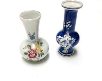 Small Vases Blue White And Floral Set of 2