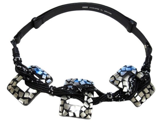Black Leather Belt Beaded Mother Of Pearl Inlaid … - image 2