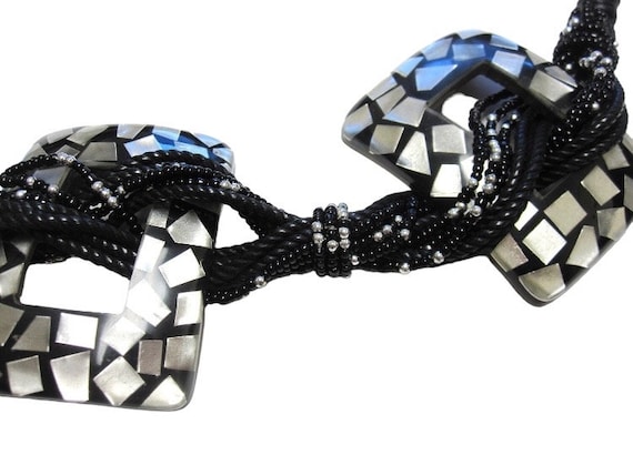 Black Leather Belt Beaded Mother Of Pearl Inlaid … - image 3