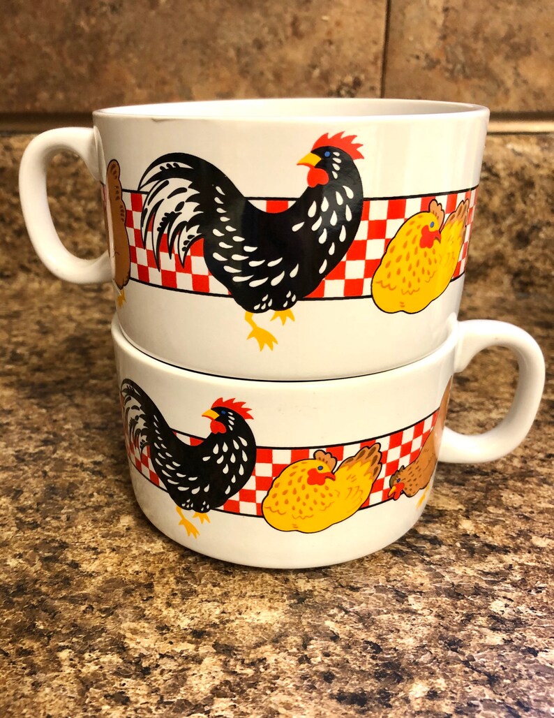 Soup Cup Large Mug Rooster Chicken Checkerboard Set Of 2 Etsy