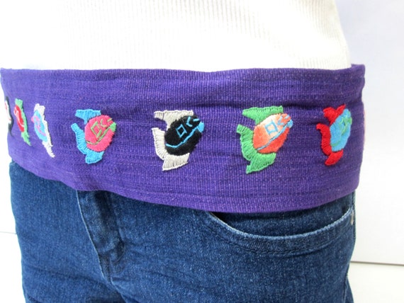 Boho Belt Wide Purple Belt Embroidered Fish Vinta… - image 4