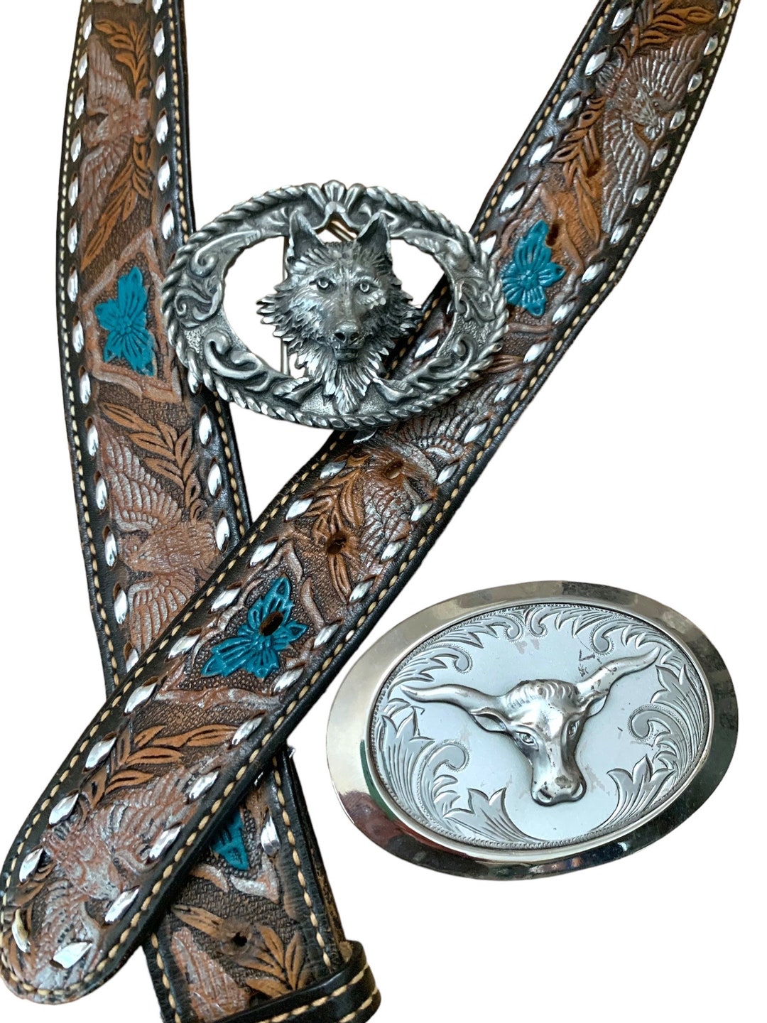 Western Belt Brown Tooled Leather Vintage With 2 Interchangeable ...