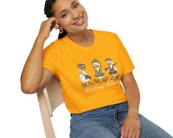 Funny Hunting Season Duck Unisex Softstyle T-Shirt, Ducks in Hunting Clothes Shirt, Hunting Season Tee, Quirky Duck Shirt, Custom Hunting