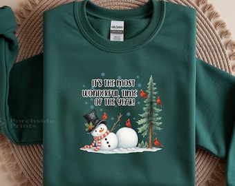 Christmas Snowman & Cardinals Sweatshirt, Holiday Winter Crewneck, Festive Seasonal Clothing Apparel Gift, Xmas It's the Most Wonderful