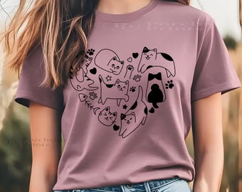 Heart Shaped Cats T-Shirt | Cat Heart Tee, Cute Cat Silhouette Design