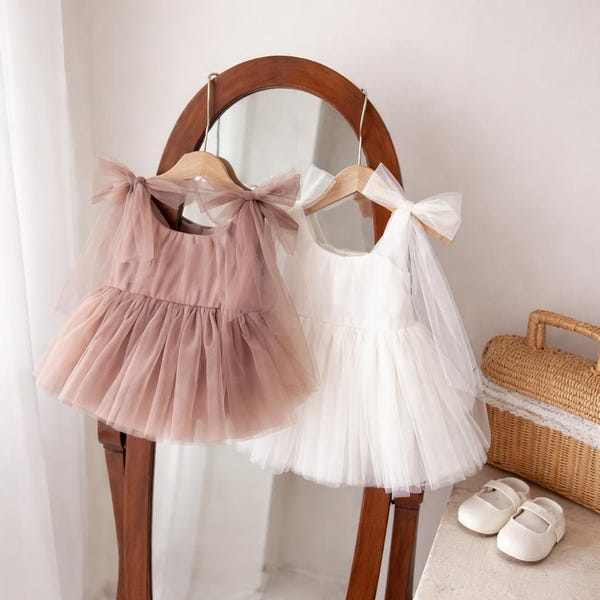 Boho Tulle Ball Gown 0-24M Knee Length | Blush Ivory Infant Birthday Photoshoot Ceremony Outfit