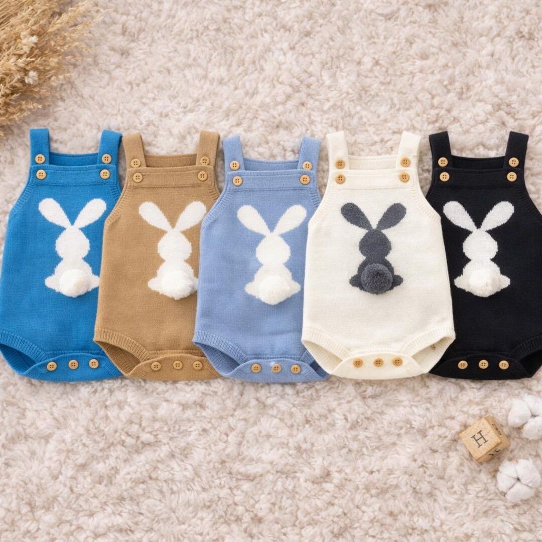 Knitted Bunny Baby Romper, Rabbit Outfit, Unisex Overalls, Easter ...