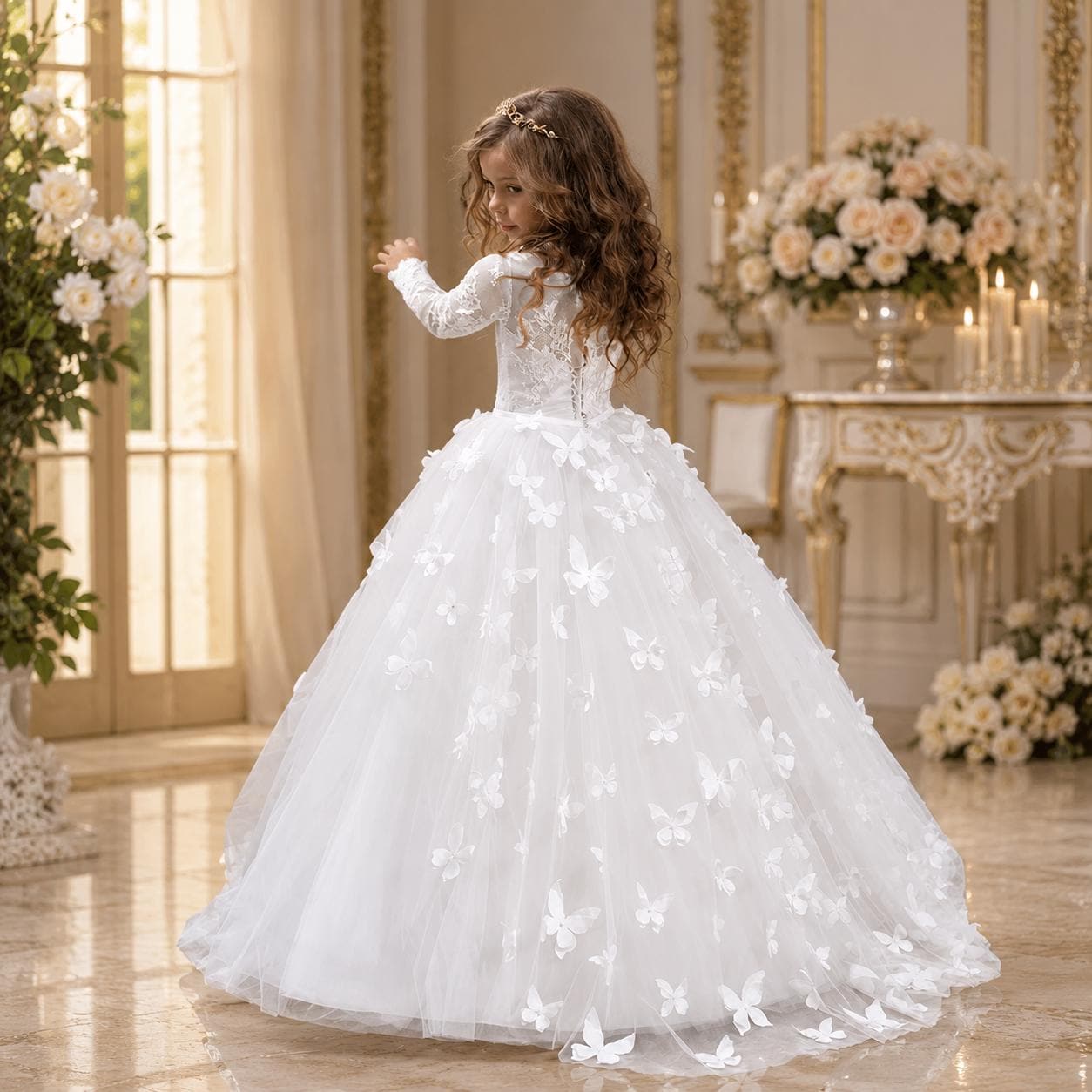 White Butterfly Flower Girl Dress, Lace Applique Tulle Ball Gown, Ankle Length Wedding Party