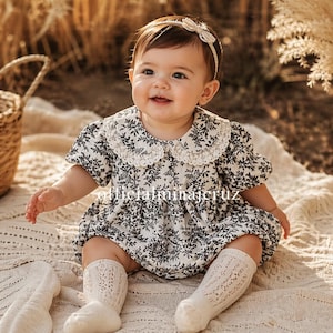 Vintage peter pan kraag bubble romper katoenen outfit (pasgeboren foto prop) babymeisje bloemen kanten romper zomerjurk