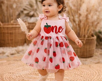 Tulejurk aardbei voor babymeisje, outfit eerste verjaardag, borduursel roze bessen (0-1 jaar)