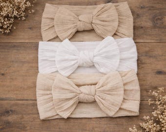 Ensemble de serre-tête côtelé avec nœud, couleurs neutres, accessoires pour cheveux pour nouveau-né (lot de 3)