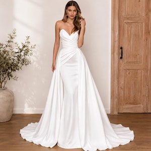 Custom White Satin Wedding Dress, Plus Size Mermaid Bridal Gown, Detachable Train, Sweetheart Lace Up Wedding Dress, Custom Size