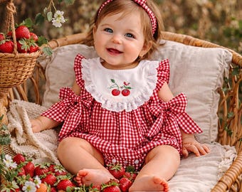Baby Girl Red Gingham Romper with Cherry Embroidery & Ruffle Sleeves – Vintage Style Cotton Outfit