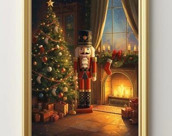 May include: A framed print of a festive Christmas scene. A decorated Christmas tree stands next to a red and gold nutcracker. A fireplace with a lit fire and stockings hangs above it. Presents are under the tree.