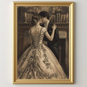 May include: A framed sepia-toned print of a couple embracing. The woman wears a detailed gown with floral embroidery. The man is in a tuxedo. The background features a fireplace, candles, and bookshelves. The frame is gold.