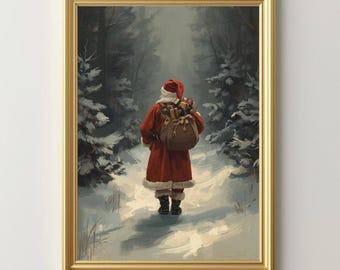 Santa Claus Print | Moody Vintage Holiday Painting | Nostalgic Classical Christmas | Snowy Forest Landscape