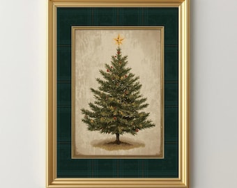 Green Plaid Christmas Tree Print | Vintage Style Holiday Printable | Pine Tree Wall Art