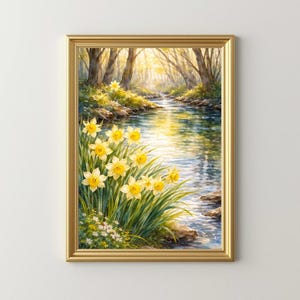 May include: A framed watercolor painting of a serene river scene. Yellow daffodils bloom in the foreground, with a sunlit forest and water reflections. The gold frame enhances the artwork's natural beauty, creating a tranquil atmosphere.