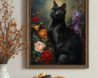 Floral Black Cat Print: Vintage Gothic Witchy Wall Art | Dark Academia & Witchy Moody Cottagecore
