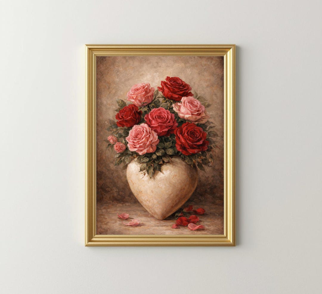 Vintage Valentines Day Wall Art | Roses in Heart Vase | Romantic Floral ...