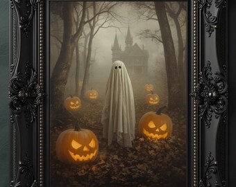 Gothic Halloween Print | Ghost, Pumpkin, Haunted Forest | Dark Academia Decor (Digital Download)
