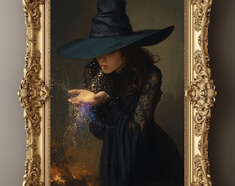 Lámina artística de bruja gótica soplando magia - Dark Academia Decor (Descarga digital)