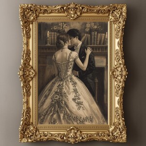 May include: A framed sepia-toned print of a couple embracing, set within an ornate gold frame. The woman wears a detailed gown, and the man is in formal attire. The background shows a fireplace and bookshelves, creating a romantic scene.
