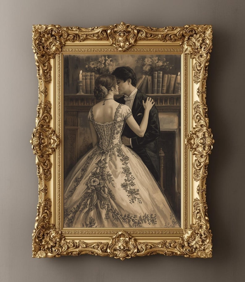 May include: A framed sepia-toned print of a couple embracing, set within an ornate gold frame. The woman wears a detailed gown, and the man is in formal attire. The background shows a fireplace and bookshelves, creating a romantic scene.