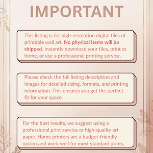 May include: A digital art listing with the text "IMPORTANT" in a decorative frame. The text provides information about high-resolution digital files, no physical items, and printing options. The image also includes the text "Luxury Finds Hub".