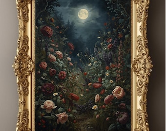 May include: A framed painting of a moonlit garden scene. The artwork features a path through a lush garden filled with roses and other flowers. The ornate gold frame adds a touch of elegance to the artwork.