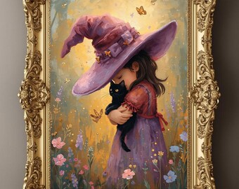 Piccola strega con gatto nero tra i fiori di campo / Stravagante decorazione murale di Halloween in stile cottagecore