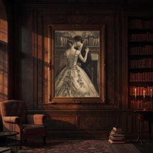 May include: A framed sepia-toned painting of a couple embracing in a library setting. The woman wears a detailed gown, and the man is in a suit. The room features dark wood paneling, a red armchair, and a bookshelf filled with books.
