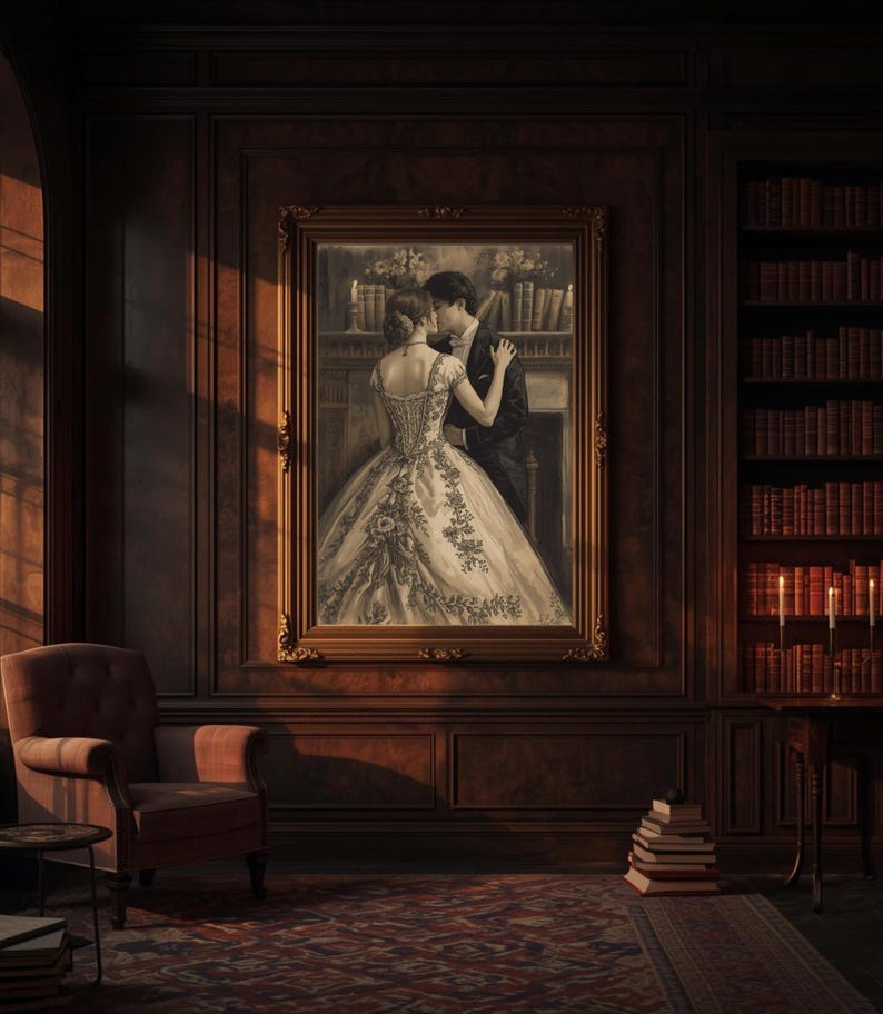 May include: A framed sepia-toned painting of a couple embracing in a library setting. The woman wears a detailed gown, and the man is in a suit. The room features dark wood paneling, a red armchair, and a bookshelf filled with books.