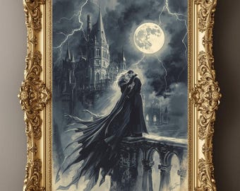May include: A framed gothic-style painting depicts a couple embracing on a balcony overlooking a castle under a full moon and lightning. The ornate gold frame enhances the dramatic scene. The artwork evokes a sense of romance and mystery.