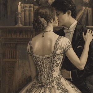 May include: Sepia-toned painting of a couple embracing. The woman wears a white dress with floral embroidery and a corset. The man is in a black tuxedo. A candle burns on a mantelpiece behind them, with books on a shelf.