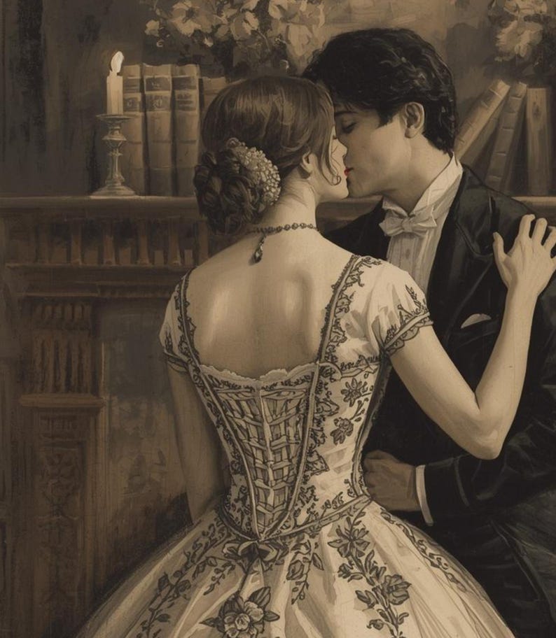 May include: Sepia-toned painting of a couple embracing. The woman wears a white dress with floral embroidery and a corset. The man is in a black tuxedo. A candle burns on a mantelpiece behind them, with books on a shelf.