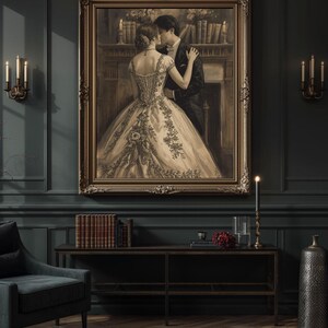 May include: A sepia-toned framed painting depicts a couple embracing, set against a backdrop of a fireplace and bookshelves. The woman wears a detailed gown. The painting hangs on a dark teal wall, complemented by sconces and a console table with decor.