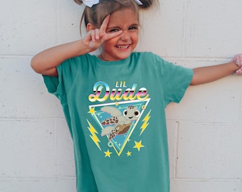 Retro Lil Dude Shirt, Comfort Colors Cute Sea Turtle Neon 80s Kids Tee, 416736