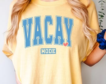 Minimal Vacay Mode Shirt, Comfort Colors Retro Varsity Summer Vacation Tee, 416019
