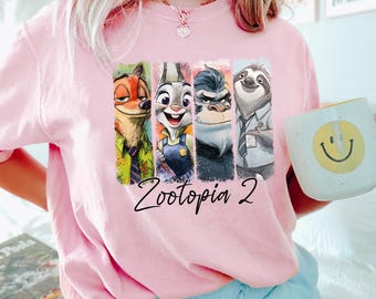 Comfort Colors Disney Zootopia 2 Characters: Nick Wilde Judy Hops and Flash Slothmore Tee, 414672