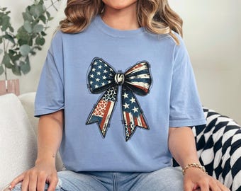 Coquette America Bow Shirt, Comfort Colors Leopard Patriotic 4th of July Tee, 413217