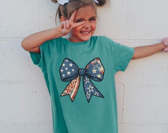 Patriotic Bow Shirt, Comfort Colors Coquette 4th of July Stars Tee, 413227