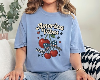 America Vibes Cherry Shirt, Comfort Colors Coquette Bow Patriotic Women Tee, 413215